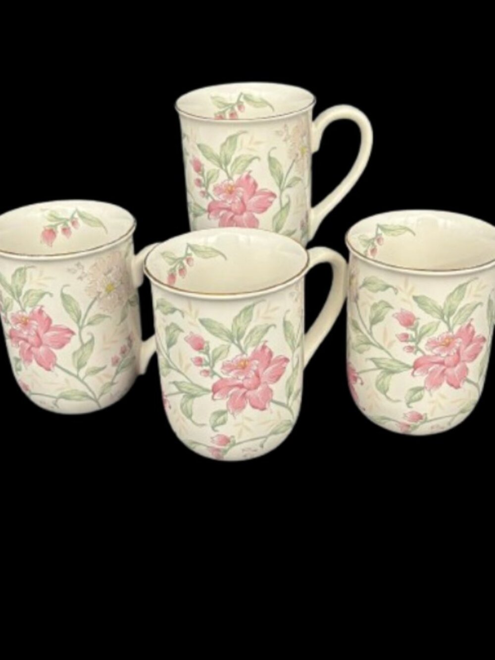 Vintage Prima Otagiri Japan White Pink Floral Lotus Porcelain Coffee Mugs Set of